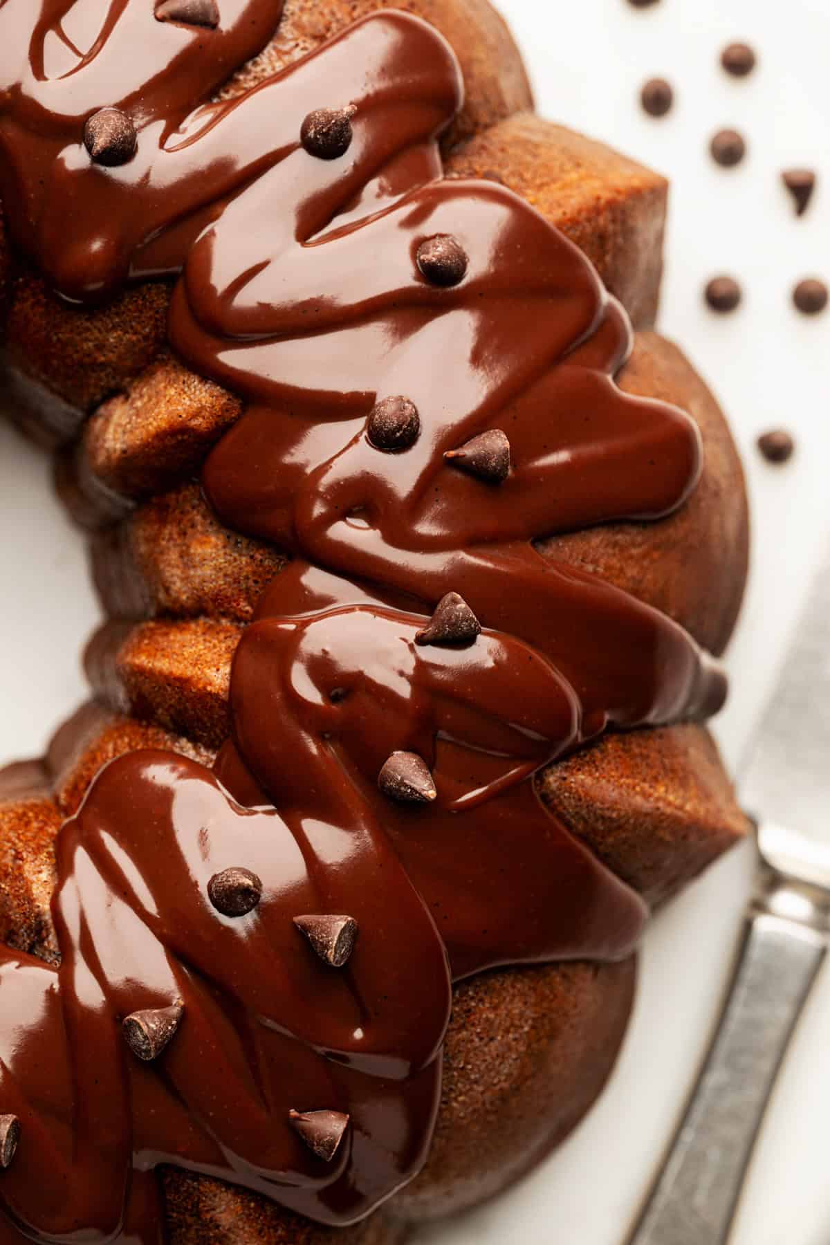 A close-up of a chocolate Bundt cake topped with glossy chocolate icing and chocolate chips.