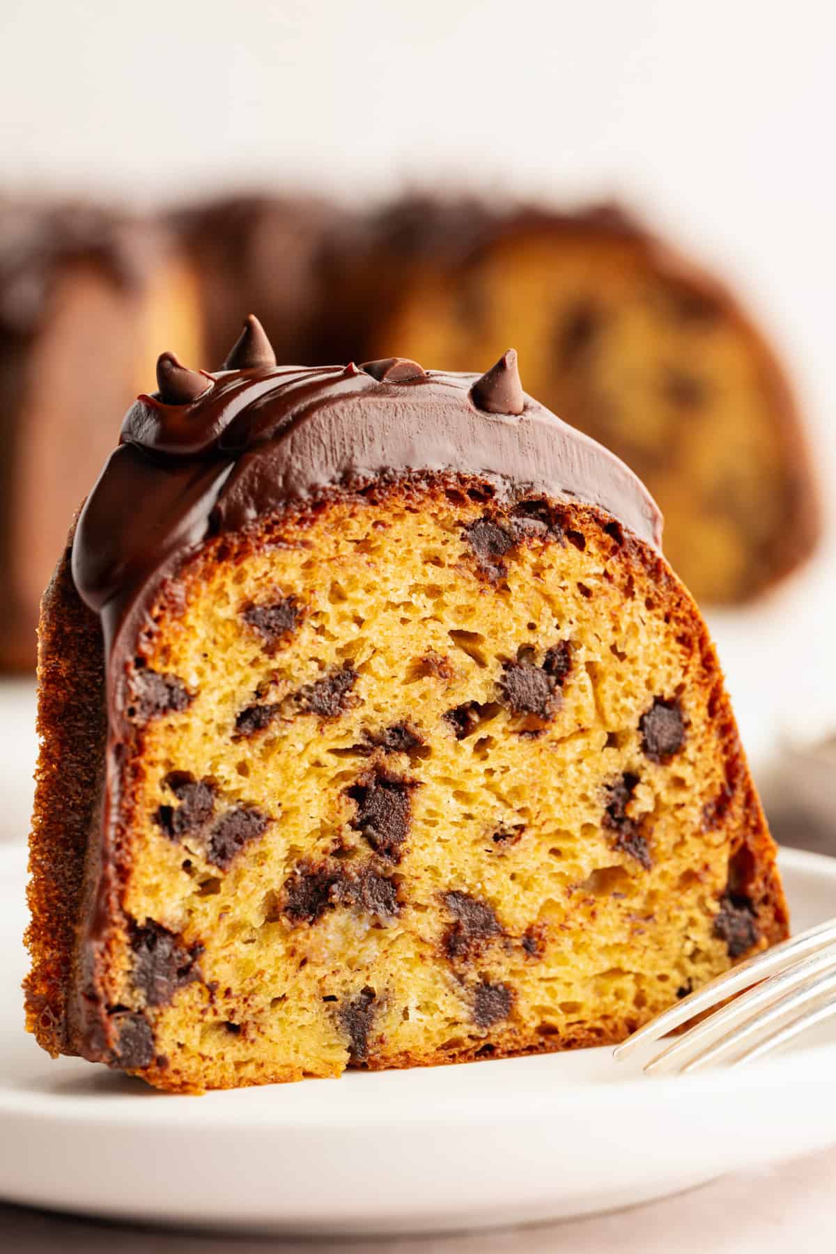 A slice of bundt cake with chocolate chips inside and chocolate frosting on top.