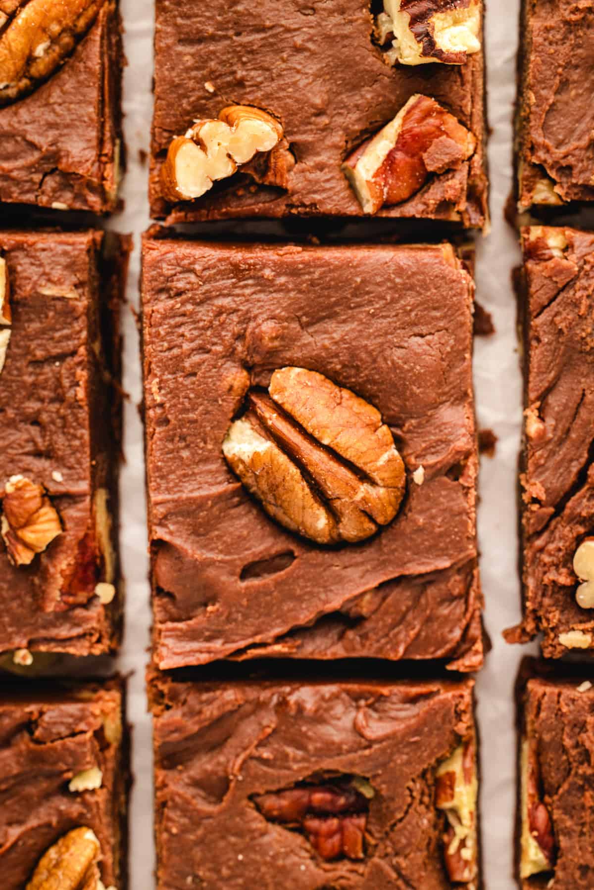 Fantasy Fudge Close-up of chocolate fudge topped with pecan halves, cut into squares and arranged on a white surface.