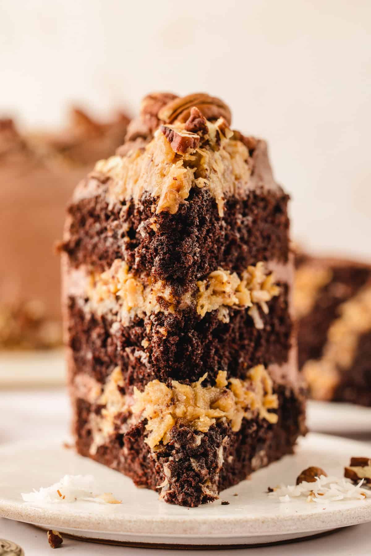 German Chocolate Cake A close-up of a slice of German chocolate cake on a plate, featuring layers of moist chocolate cake and coconut-pecan frosting, garnished with chopped pecans.