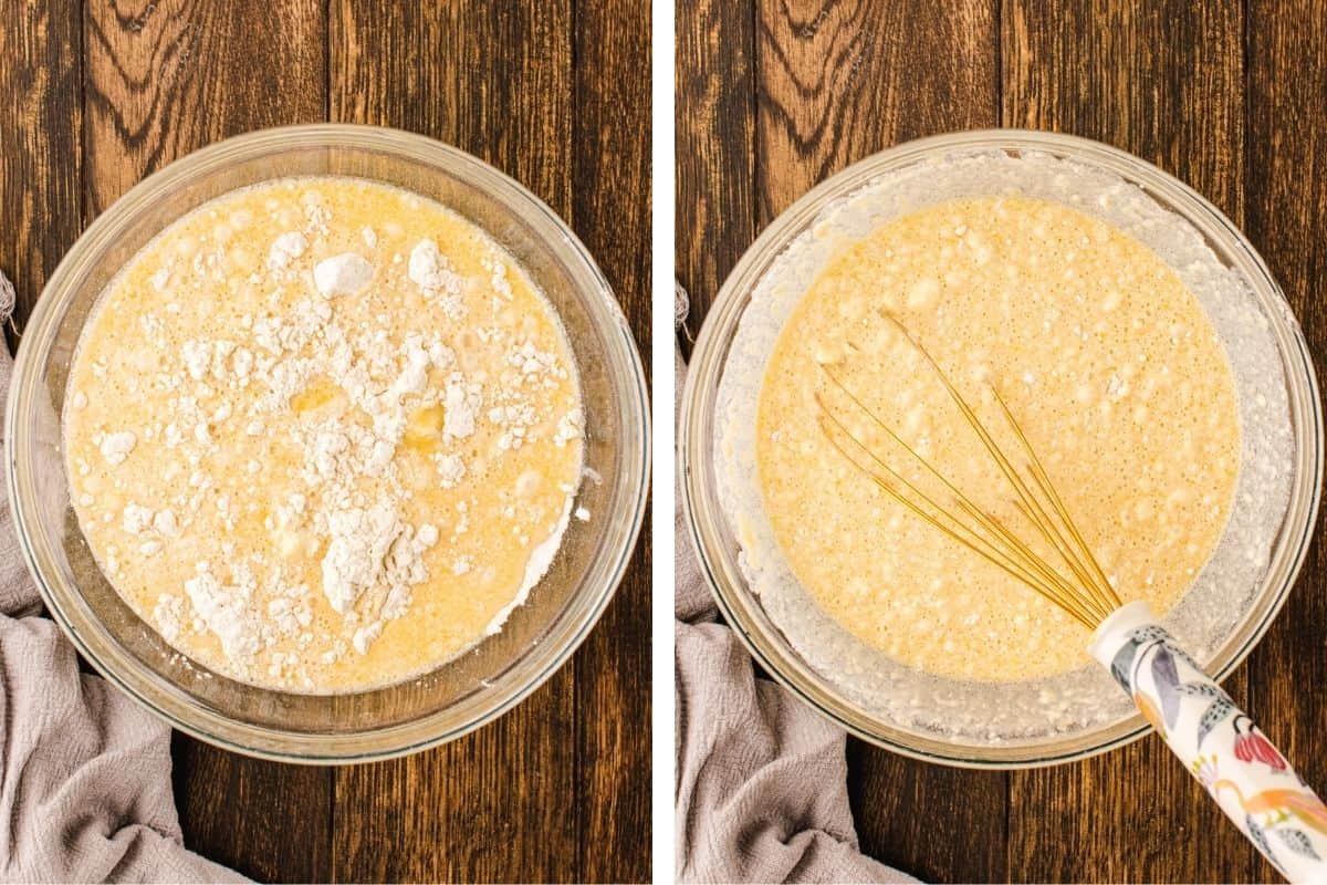 Two glass bowls on a wooden surface: the left bowl contains partially mixed batter with flour on top, while the right bowl shows the batter fully mixed with a whisk inside. 