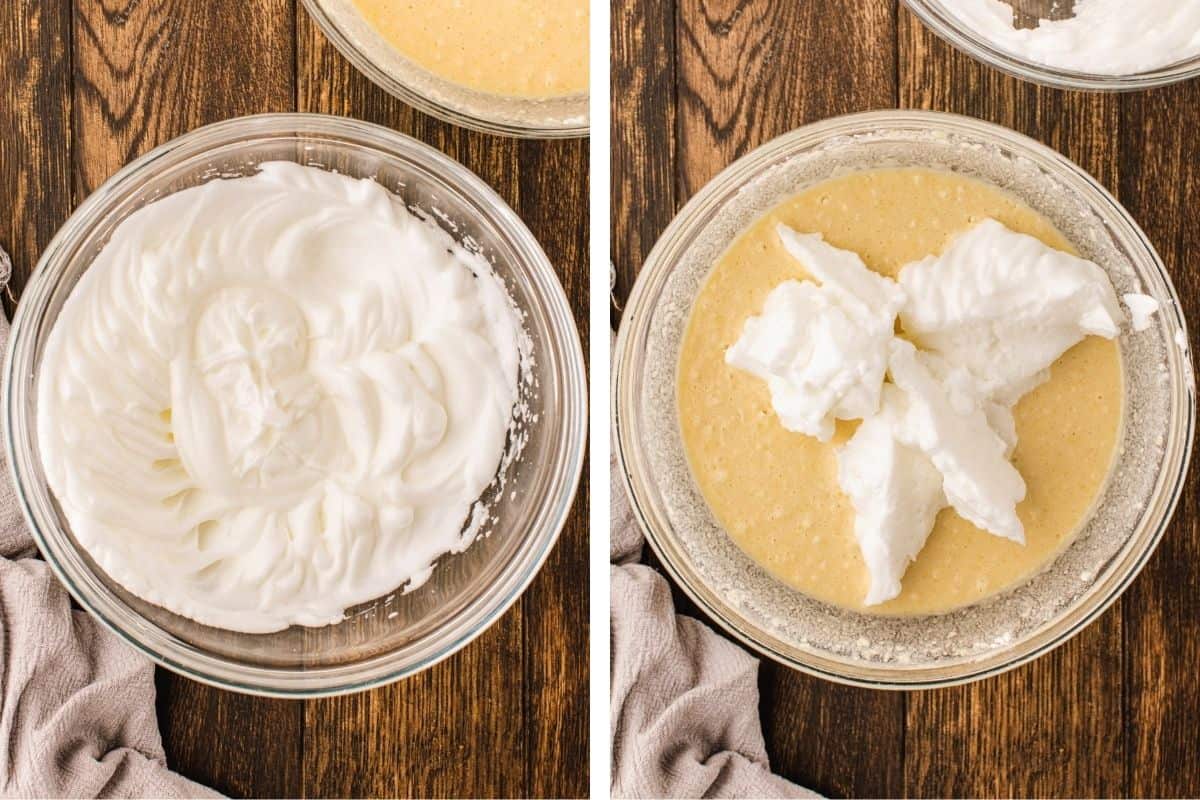 Two glass bowls on a wooden surface: the left bowl has stiffly beaten egg whites, and the right bowl shows some of the egg whites added to a bowl of yellow cake batter.