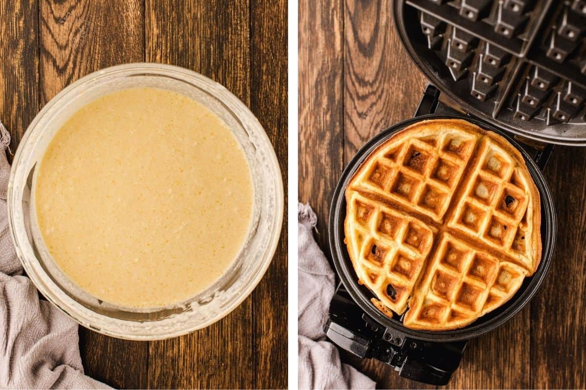 Left: Bowl of waffle batter on a wooden surface. Right: Cooked golden waffle in an open waffle maker.