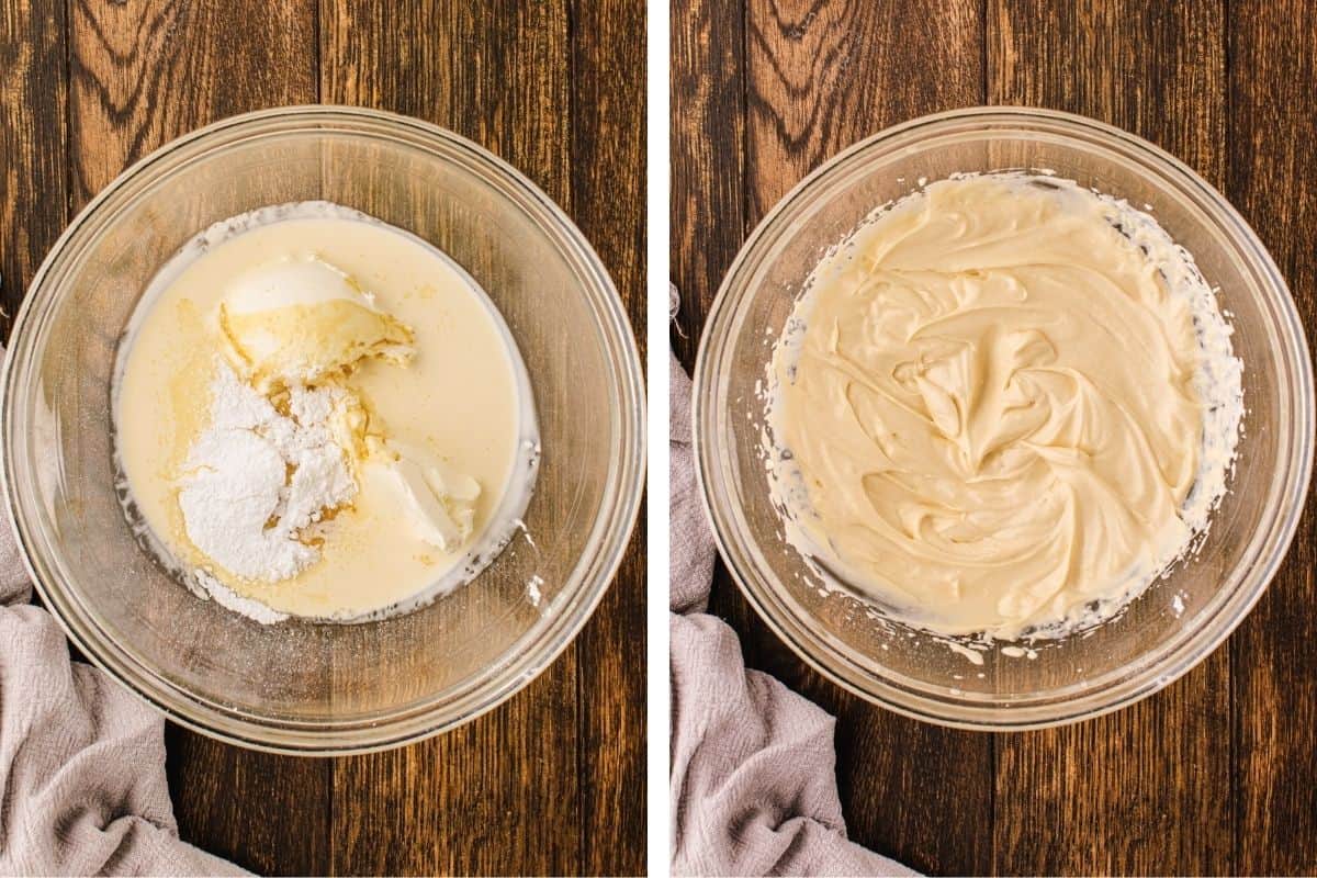 Two glass bowls on a wooden surface: the left shows unmixed ingredients, and the right shows the same ingredients smoothly blended. 