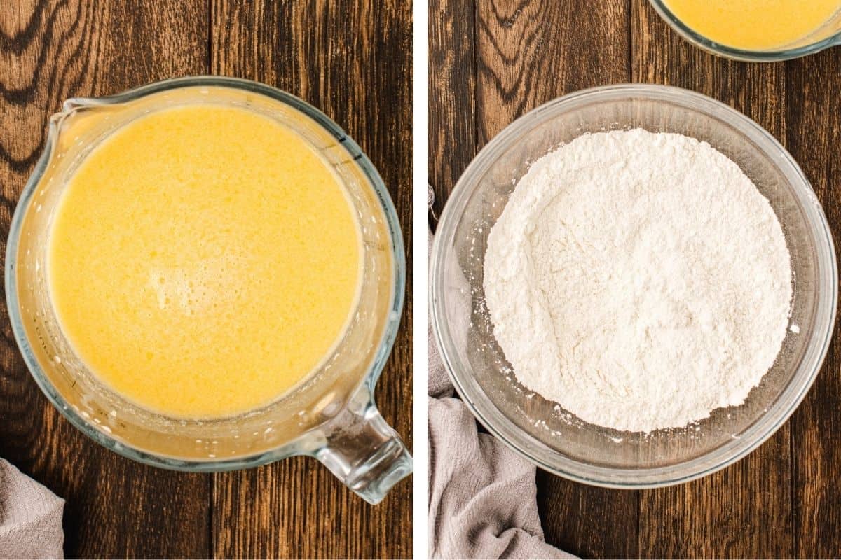 A glass measuring cup with a yellow liquid mixture sits beside a clear bowl filled with white flour.