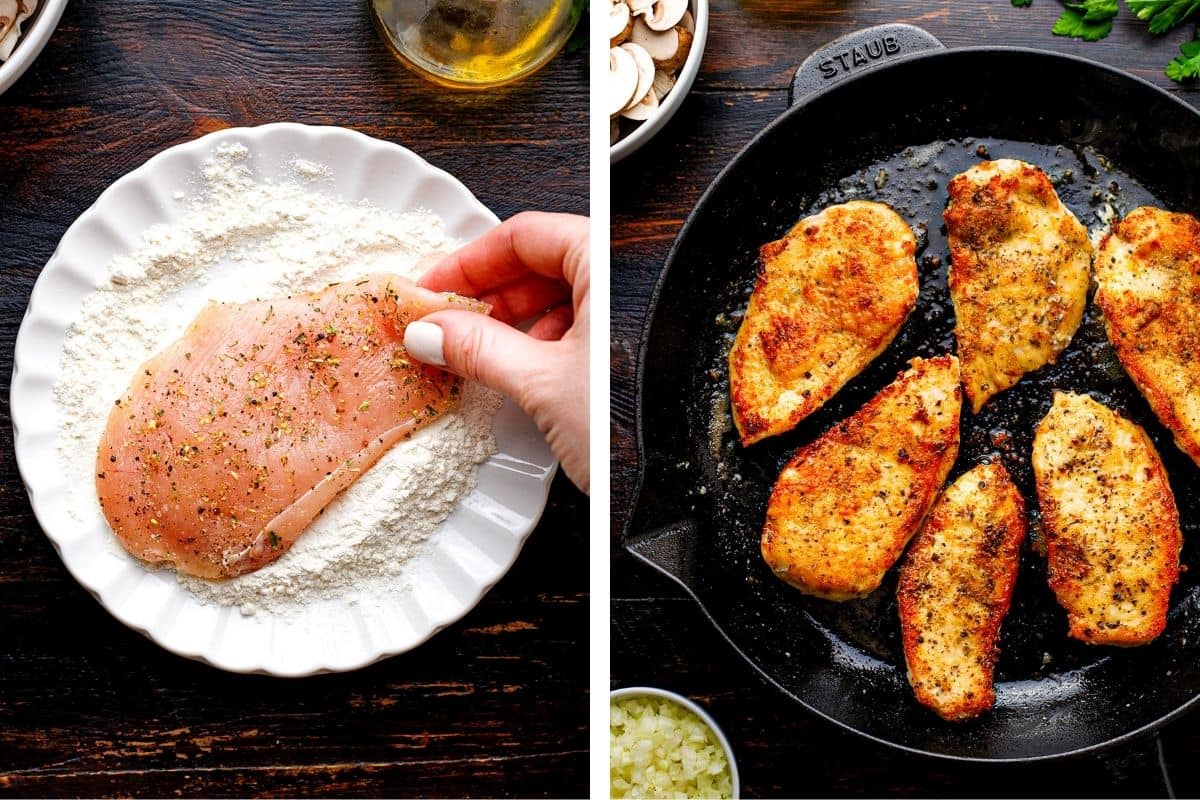 How to Make Chicken Marsala (Step-by-Step Photos) Left: A hand coats a raw chicken breast in flour on a white plate. Right: Six golden-brown cooked chicken breasts in a black skillet on a dark wooden surface, with herbs and seasoning sprinkled on top.