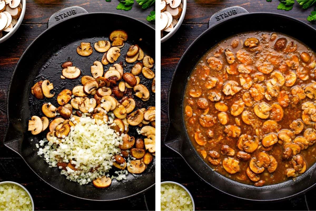 How to Make Chicken Marsala (Step-by-Step Photos) Side-by-side images of a skillet: on the left, mushrooms and chopped onions are being sautéed; on the right, the mixture has become a thick, brown mushroom sauce.