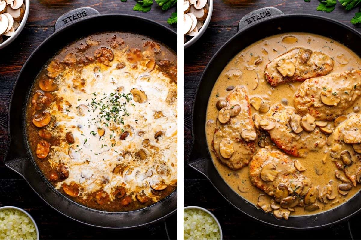 How to Make Chicken Marsala (Step-by-Step Photos) Two side-by-side images of a skillet with mushroom sauce; the left shows the sauce before mixing, with cream and herbs, and the right shows cooked chicken breasts covered in the creamy mushroom sauce.