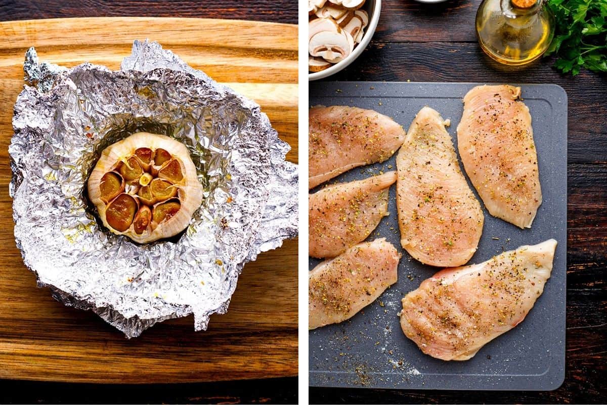 How to Make Chicken Marsala (Step-by-Step Photos) Left: Roasted garlic bulb in foil on a wooden board. Right: Raw chicken breasts seasoned with herbs on a dark cutting board.