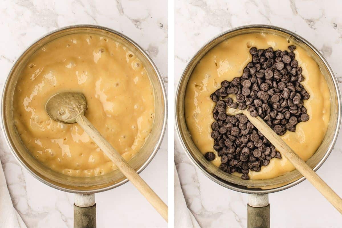How to Make Fantasy Fudge (Step-by-Step Photos) Two images show a pot with thick yellow batter. The left pot has a wooden spoon mixing the batter. The right pot shows the same batter with chocolate chips added on top before mixing.