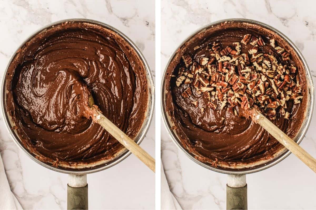 How to Make Fantasy Fudge (Step-by-Step Photos) Two images of brownie batter in a metal bowl with a wooden spoon. On the left, plain batter is shown; on the right, chopped pecans have been added to the top of the batter.