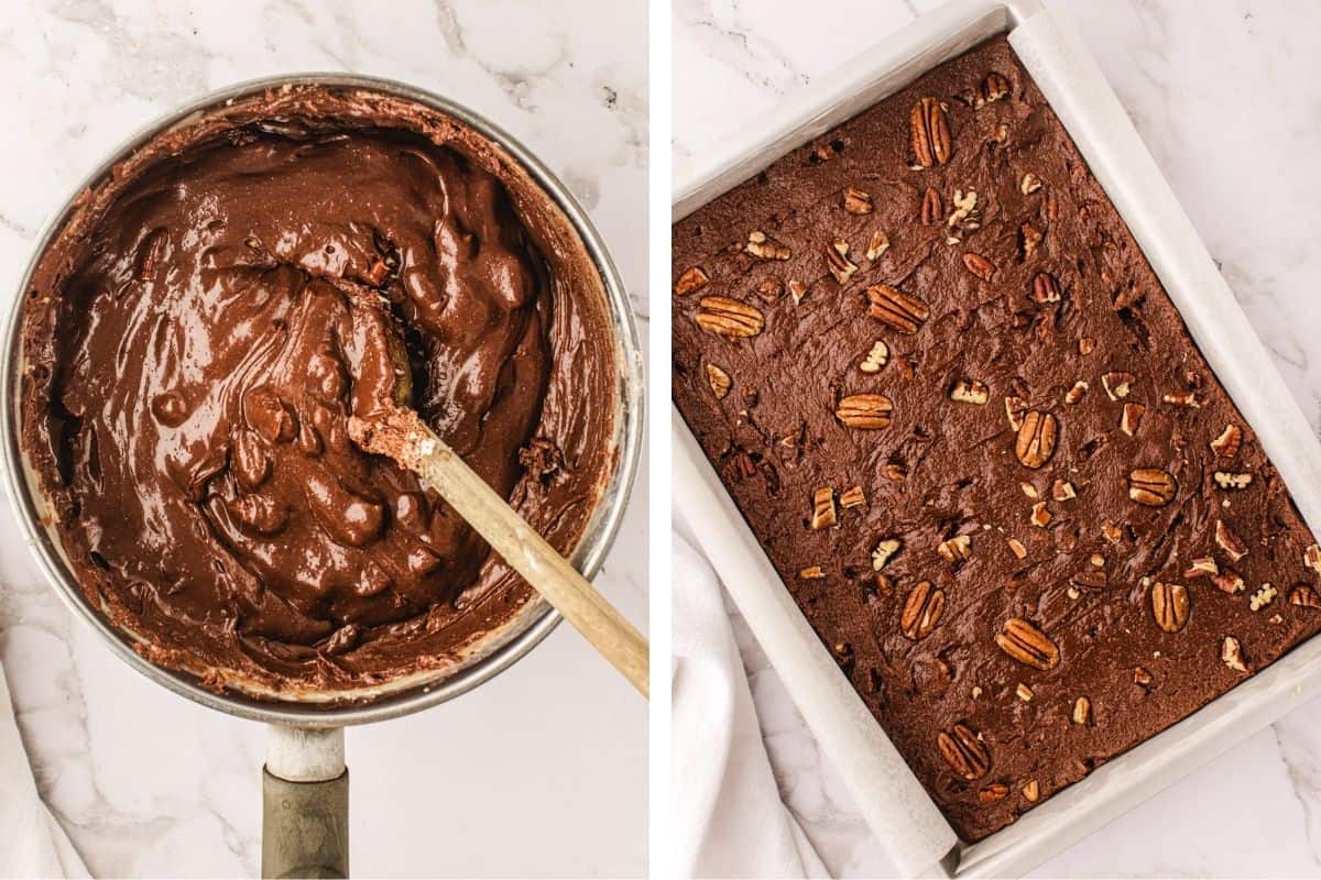 How to Make Fantasy Fudge (Step-by-Step Photos) Left: A pot filled with thick chocolate brownie batter and a wooden spoon. Right: An unbaked brownie mixture with pecans in a parchment-lined baking pan, ready for the oven.