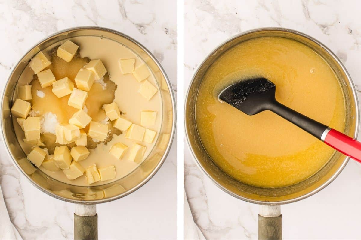 How to Make Fantasy Fudge (Step-by-Step Photos) Side-by-side images show a saucepan with butter cubes and sweetened milk on the left, and a smooth, melted mixture being stirred with a black spatula on the right.