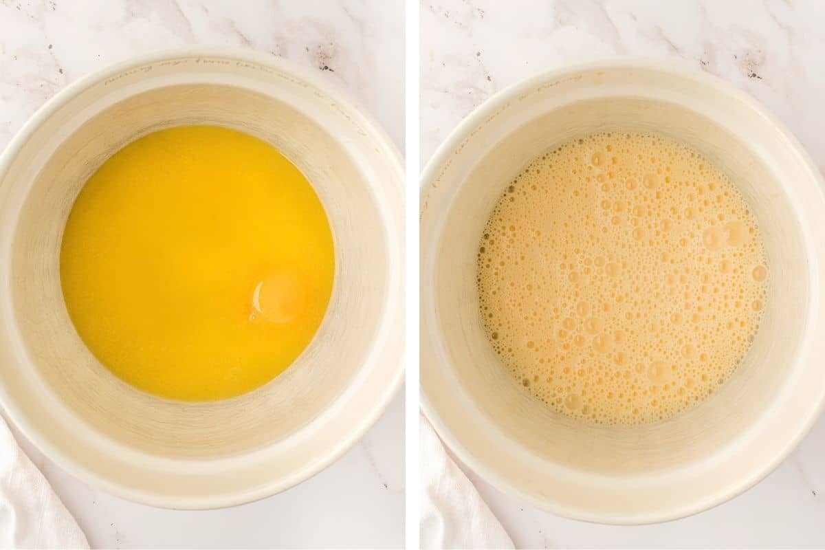How to Make German Chocolate Cake (Step-by-Step Photos) Side-by-side images: left shows melted butter in a mixing bowl, while right shows the butter mixed with beaten eggs, appearing lighter and bubbly.