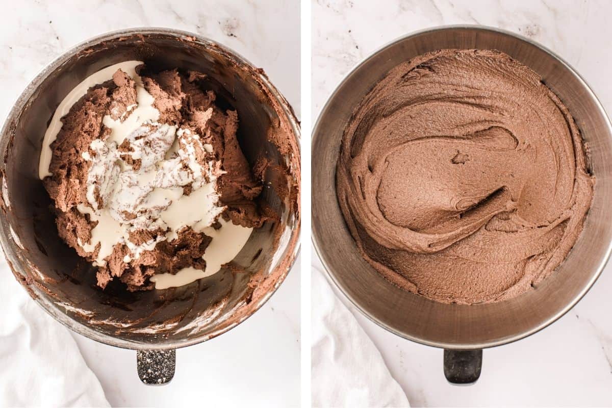 How to Make German Chocolate Cake (Step-by-Step Photos) Two metal mixing bowls: one with thick chocolate batter and a splash of cream being added, the other with smooth, creamy chocolate frosting.