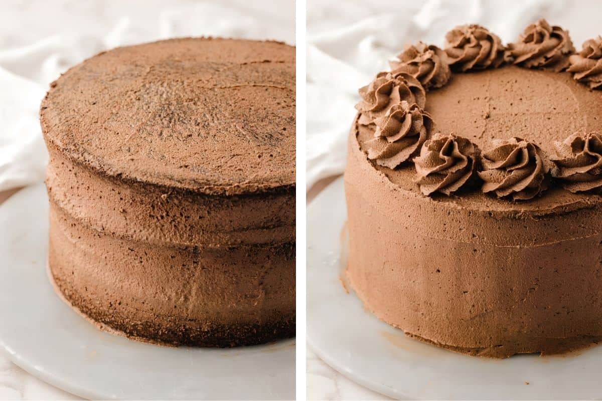 How to Make German Chocolate Cake (Step-by-Step Photos) Two side-by-side images of a chocolate cake: the left shows a plain frosted cake, while the right shows the same cake decorated with swirls of chocolate frosting around the top edge.