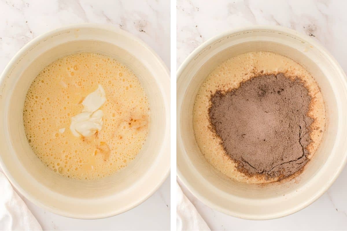 How to Make German Chocolate Cake (Step-by-Step Photos) Two beige mixing bowls: the left has a yellow liquid with dollops of cream, the right has the same mixture topped with cocoa powder.