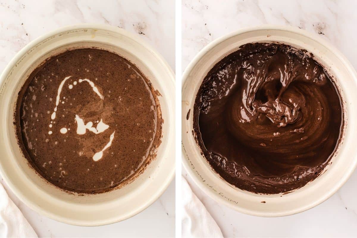 How to Make German Chocolate Cake (Step-by-Step Photos) Two side-by-side bowls: the left shows a liquid chocolate batter with cream being poured in, and the right displays the same bowl with thick, well-mixed chocolate batter.
