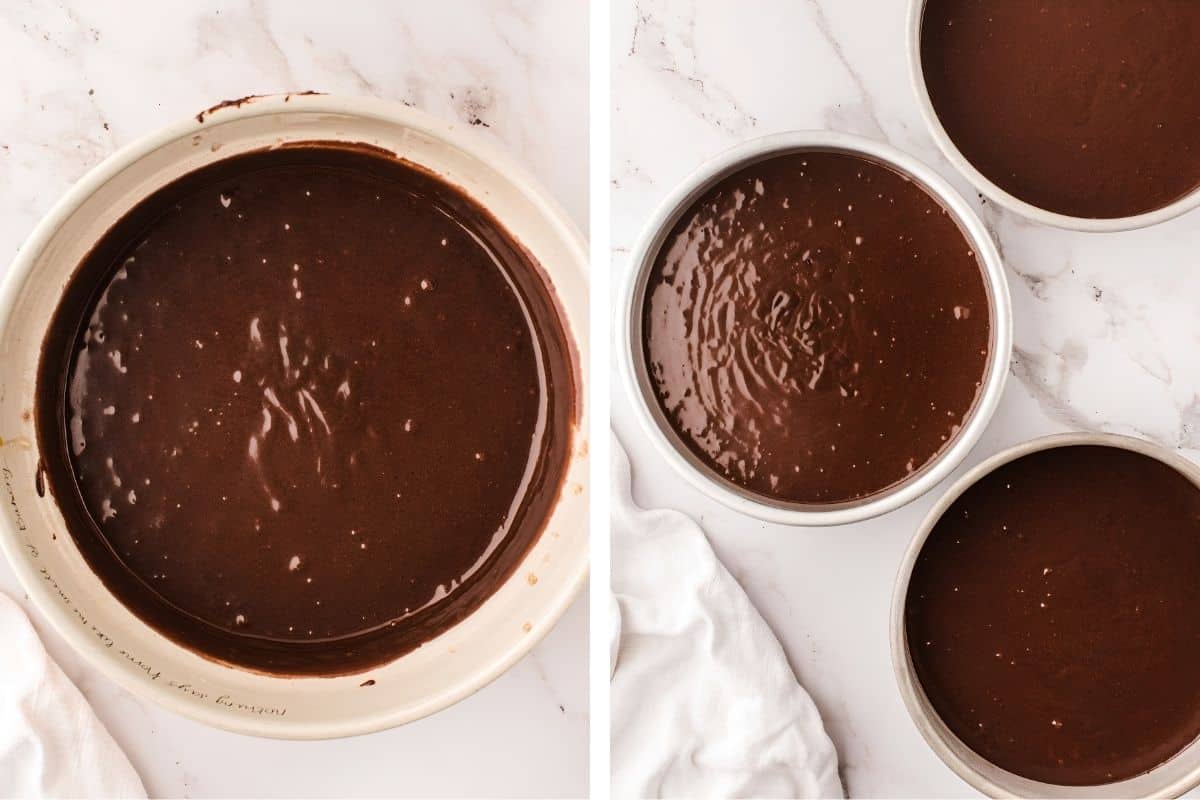 How to Make German Chocolate Cake (Step-by-Step Photos) A bowl and three round pans filled with smooth chocolate cake batter.
