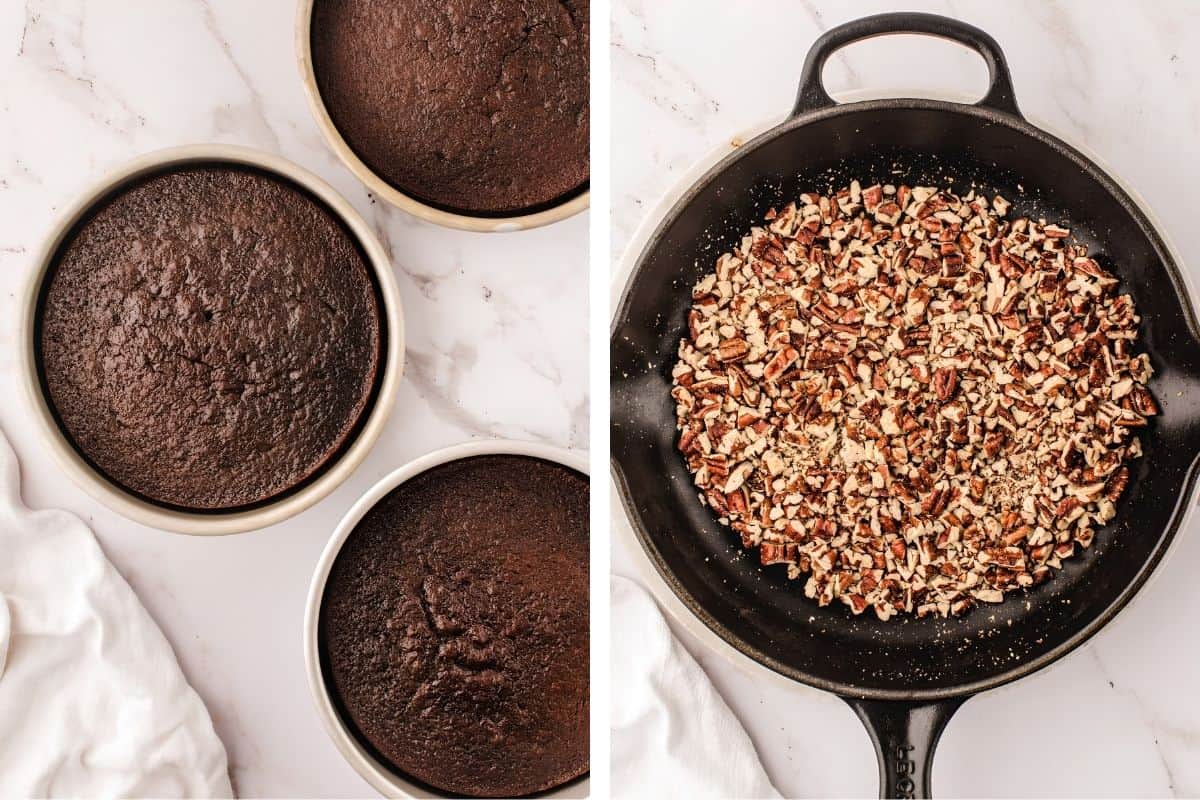 How to Make German Chocolate Cake (Step-by-Step Photos) Three round chocolate cakes in pans on the left, and a black skillet filled with chopped pecans on the right.