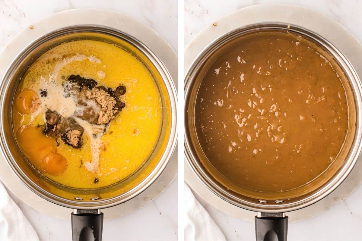 How to Make German Chocolate Cake (Step-by-Step Photos) Two images side by side: the left shows eggs, melted butter, vanilla, and brown sugar in a saucepan; the right shows the ingredients mixed into a smooth, light brown batter.
