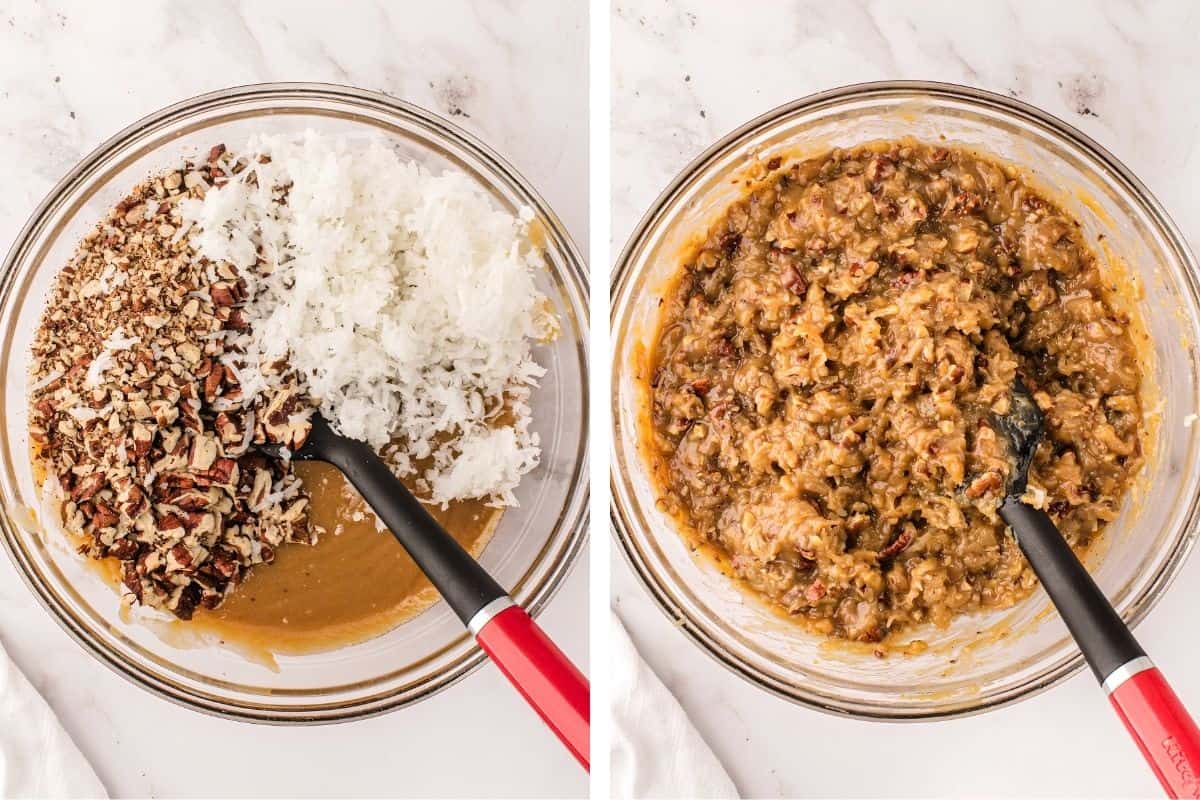 How to Make German Chocolate Cake (Step-by-Step Photos) Two glass bowls: the left shows chopped pecans, shredded coconut, and brown batter with a black spatula; the right shows the same mixture fully blended into a thick, textured batter.