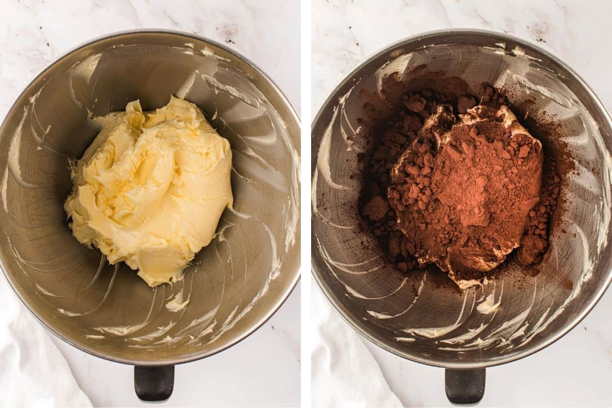How to Make German Chocolate Cake (Step-by-Step Photos) Side-by-side images: Left, a metal mixing bowl with creamed butter; right, the same bowl with cocoa powder added on top of the creamed butter.