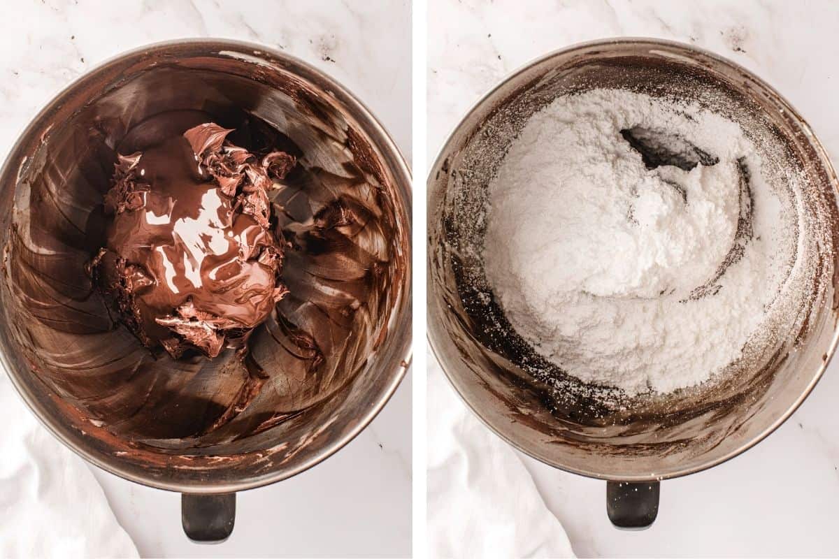 How to Make German Chocolate Cake (Step-by-Step Photos) Two metal mixing bowls: the left contains chocolate, the right contains powdered sugar.