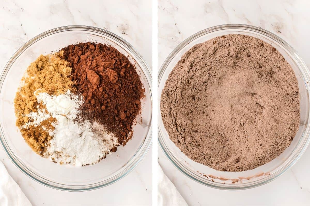 How to Make German Chocolate Cake (Step-by-Step Photos) Two glass bowls: the left contains unmixed dry ingredients like cocoa powder, brown sugar, and flour; the right shows the same ingredients well mixed on a white marble surface.