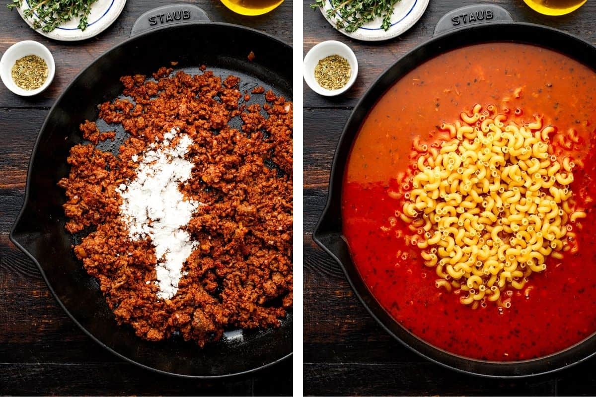 How to Make Hamburger Helper (Step-by-Step Photos) Two images: left, seasoned ground meat with flour in a black skillet; right, the same skillet filled with tomato sauce and uncooked elbow macaroni.