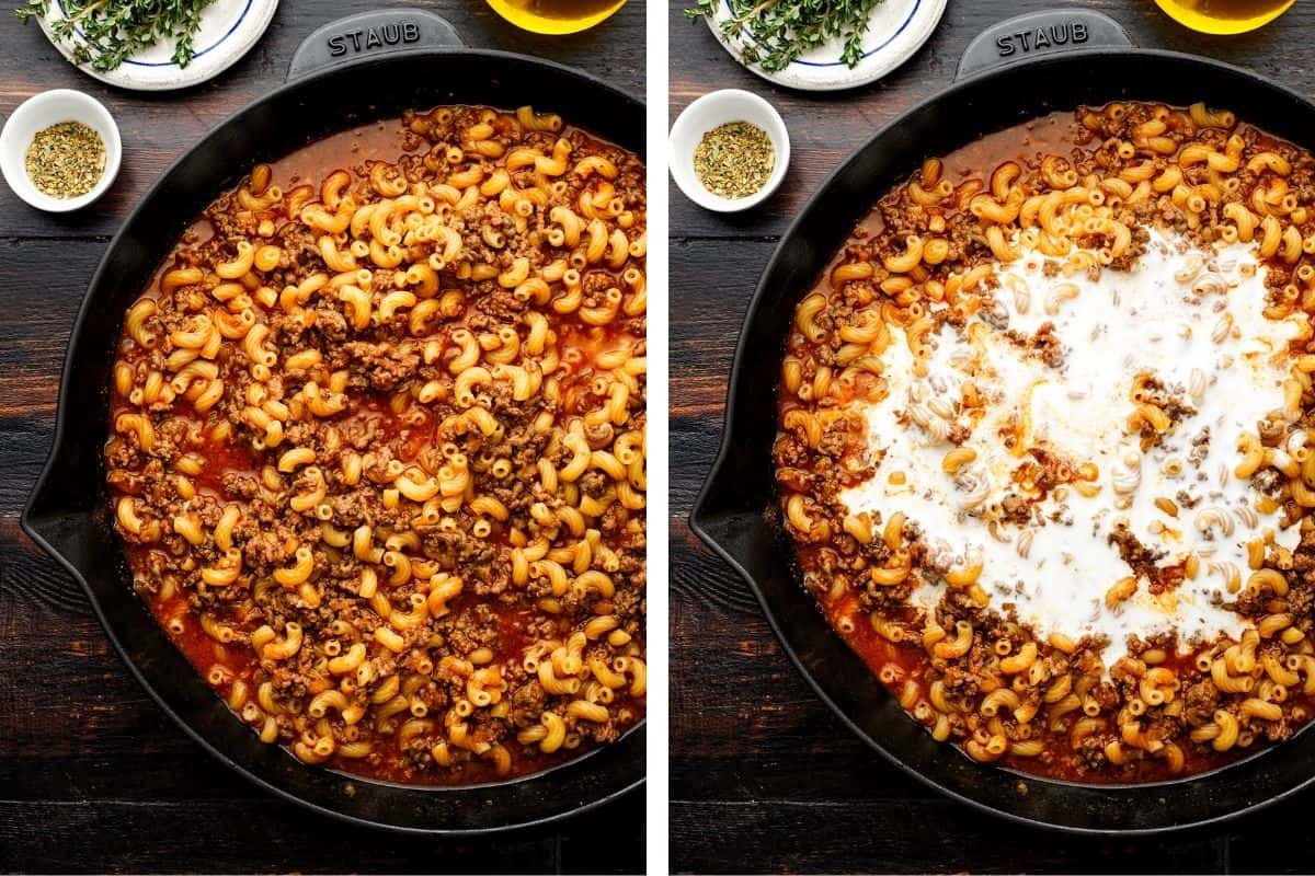 How to Make Hamburger Helper (Step-by-Step Photos) Side-by-side images show a skillet of cooked macaroni with ground beef and tomato sauce on the left, and the same skillet with cream being added on the right.
