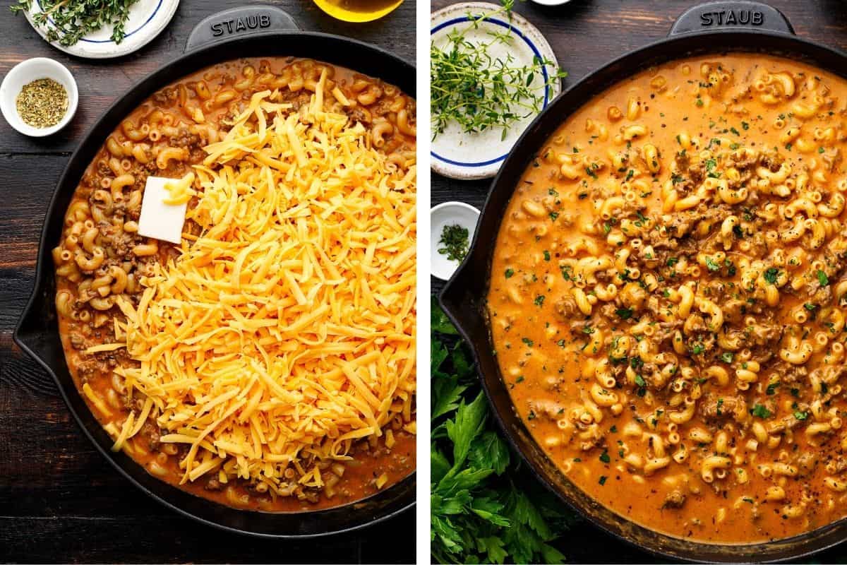 How to Make Hamburger Helper (Step-by-Step Photos) Side-by-side images: Left, a skillet with cooked ground beef, macaroni, shredded cheddar cheese, and a pat of butter. Right, the same dish mixed together into creamy beef macaroni, garnished with chopped herbs.