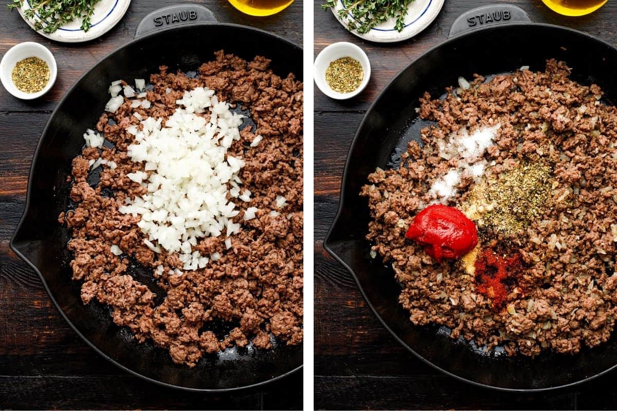 How to Make Hamburger Helper (Step-by-Step Photos) Two side-by-side images of ground beef cooking in a skillet: the left shows chopped onions added, and the right shows tomato paste, spices, and seasonings added to the browned meat.