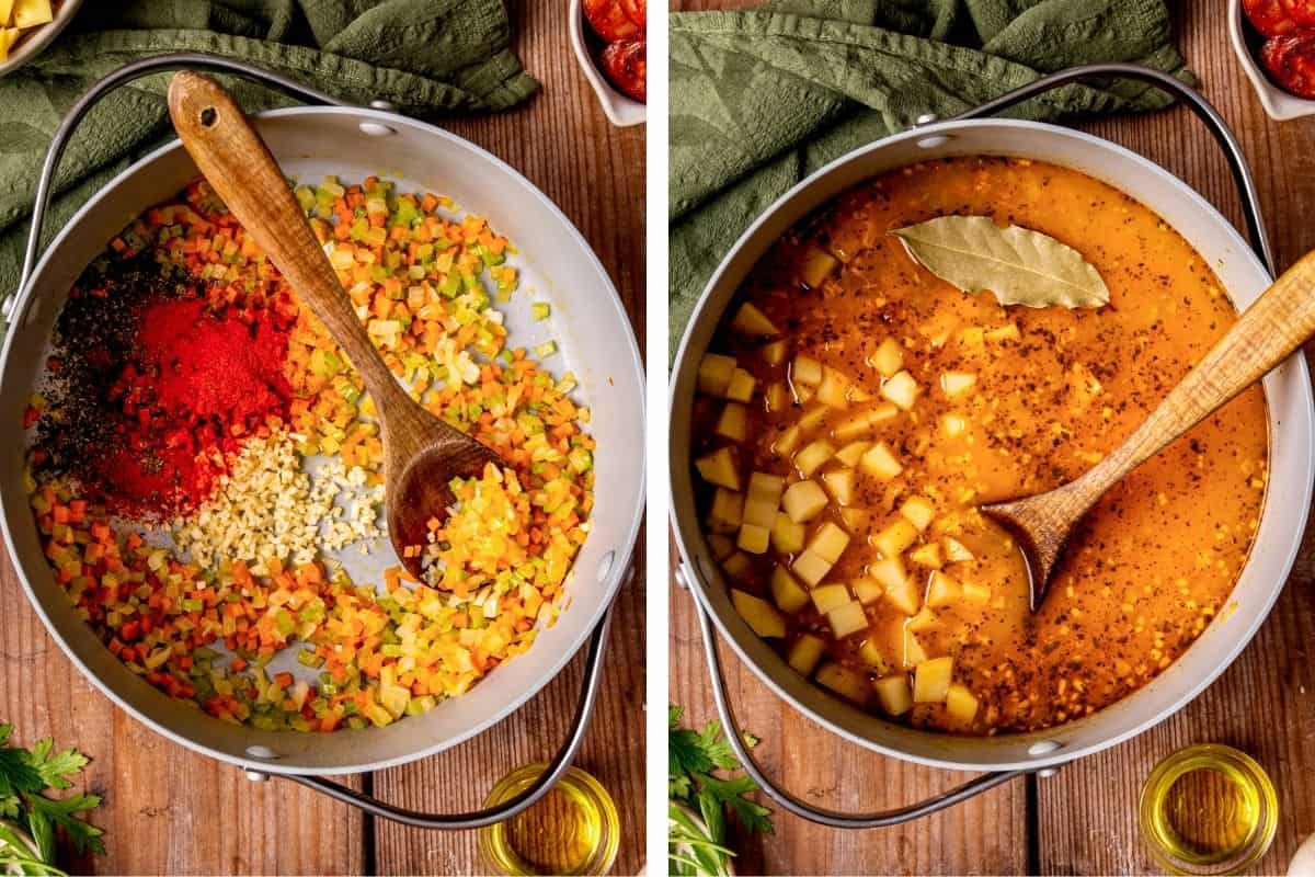 How to Make Kielbasa Potato Soup (Step-by-Step Photos) Split image showing a pot with chopped vegetables, spices, and garlic being sautéed on the left, and on the right, the pot with added broth, potatoes, and a bay leaf simmering.