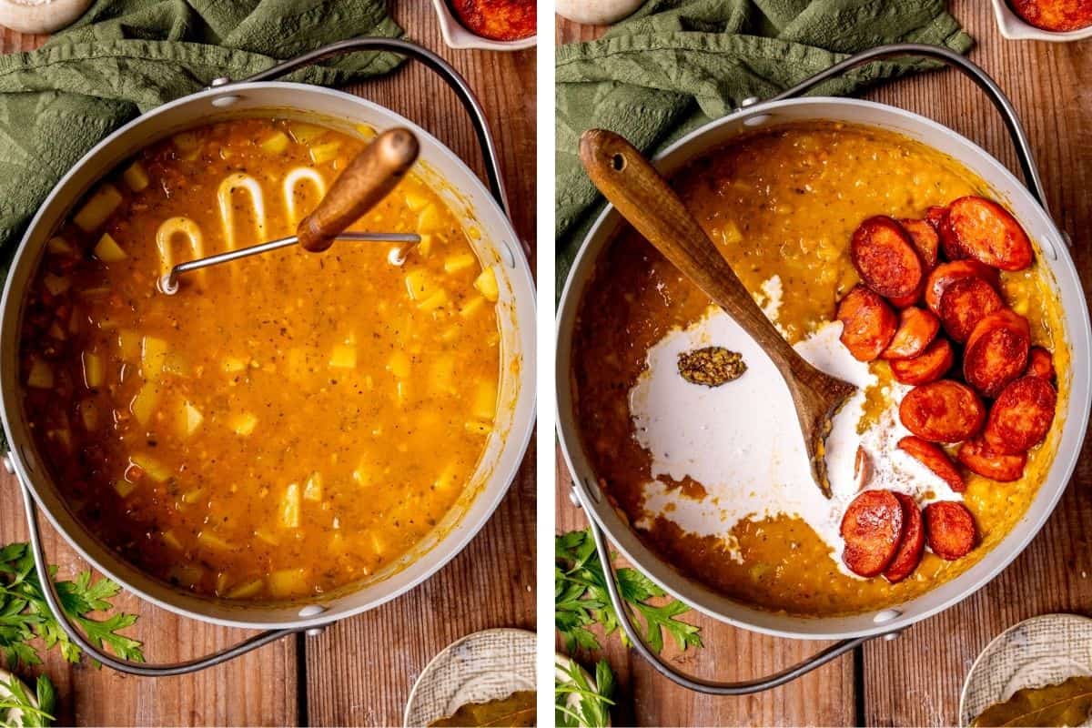 How to Make Kielbasa Potato Soup (Step-by-Step Photos) Side-by-side images: on the left, a pot of soup with potatoes and a masher; on the right, the same pot with cream and sliced sausage added, and a wooden spoon resting inside.