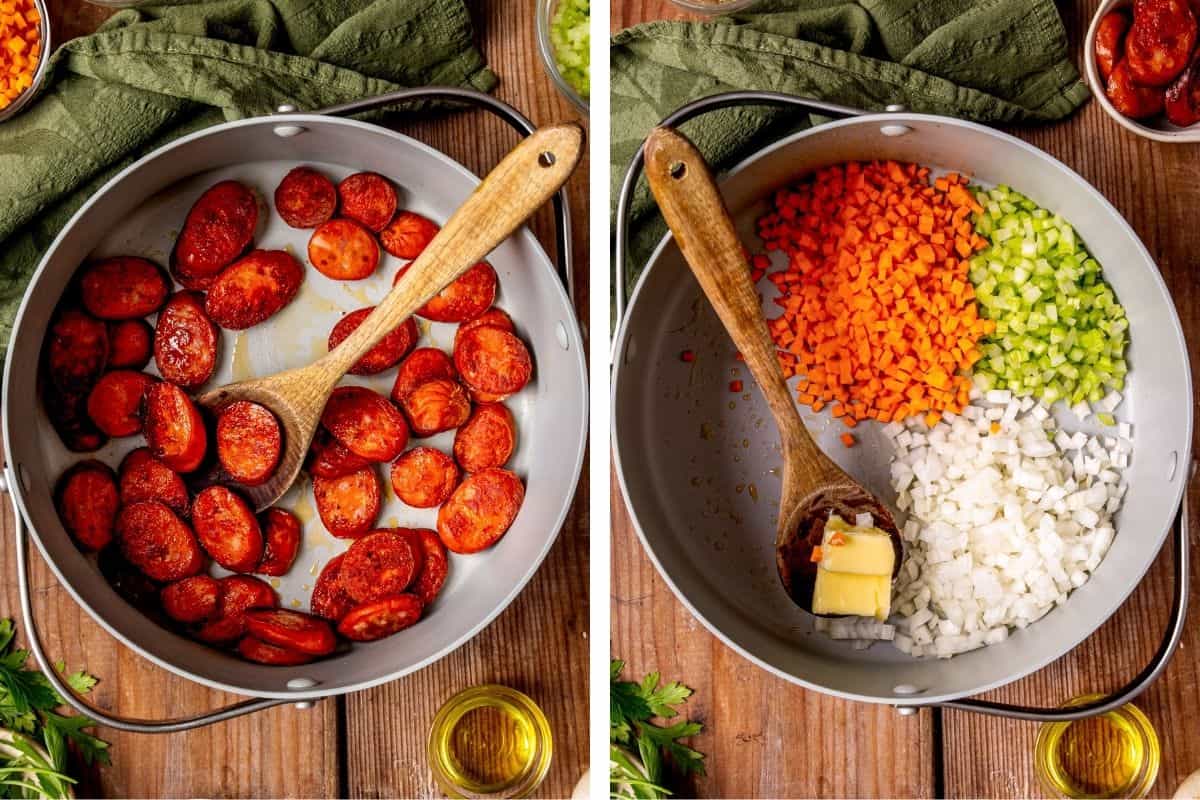How to Make Kielbasa Potato Soup (Step-by-Step Photos) Two side-by-side photos: left, sliced sausage cooking in a pan with a wooden spoon; right, the same pan now contains chopped carrots, celery, onion, and butter, ready to cook.