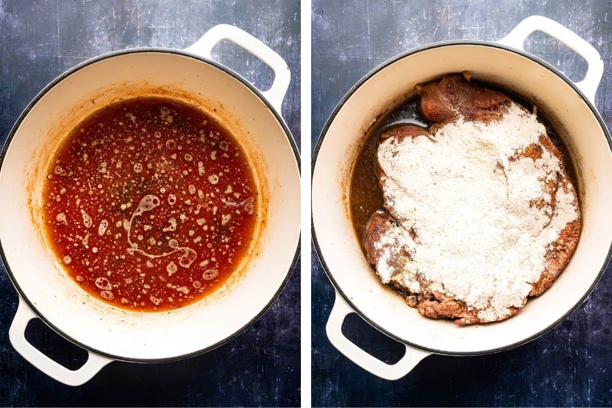 How to Make Mississippi Pot Roast (Step-by-Step Photos) Side-by-side images: left, a pot with reddish-brown broth and oil bubbles; right, the same pot with raw meat and a layer of white seasoning on top of the liquid.