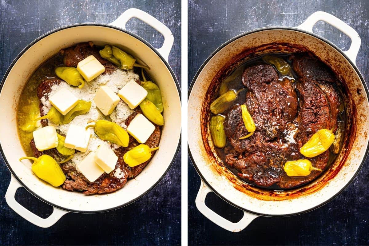 How to Make Mississippi Pot Roast (Step-by-Step Photos) A white pot with beef roast, peppers, butter, and seasoning on the left; on the right, the cooked roast with peppers in a dark, rich sauce.
