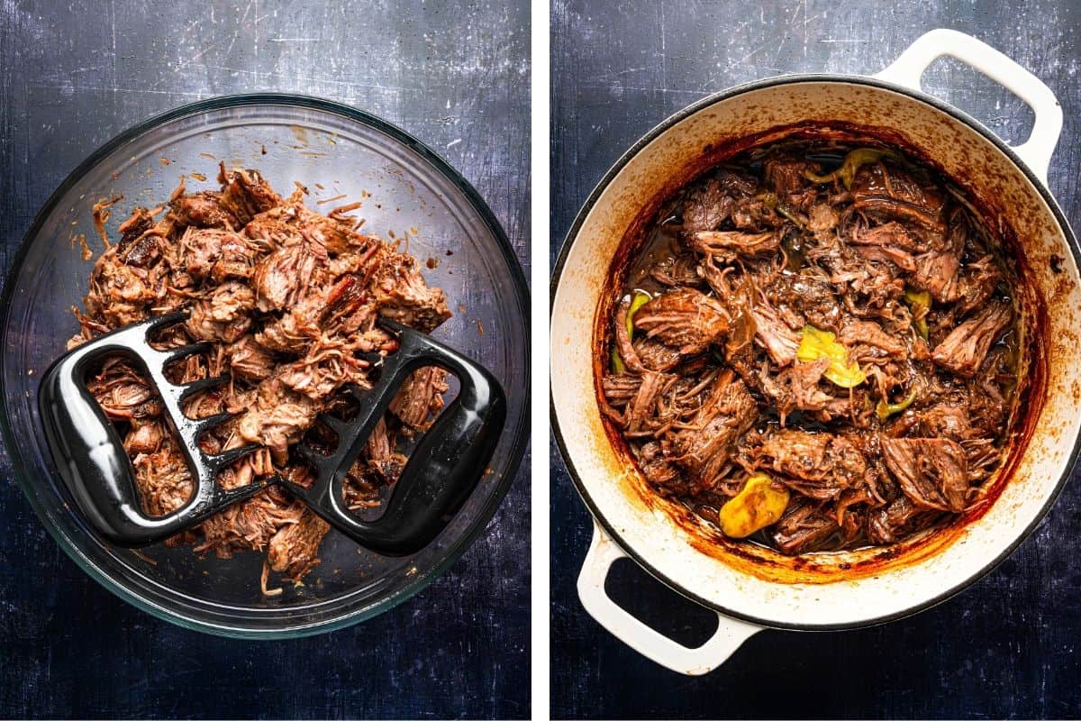 How to Make Mississippi Pot Roast (Step-by-Step Photos) Two images: shredded beef being pulled apart in a glass bowl with black claws on the left, and cooked shredded beef with peppers.