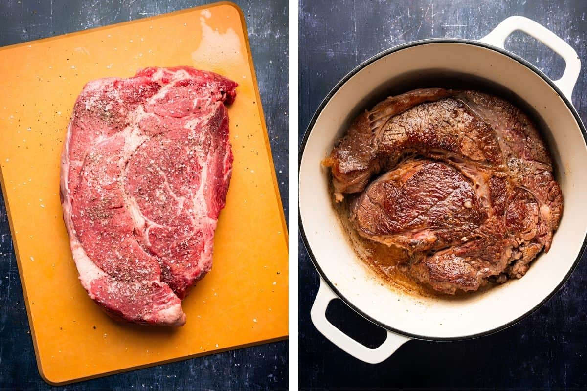 How to Make Mississippi Pot Roast (Step-by-Step Photos) Side-by-side images: left, raw seasoned meat on an orange cutting board; right, browned beef roast.