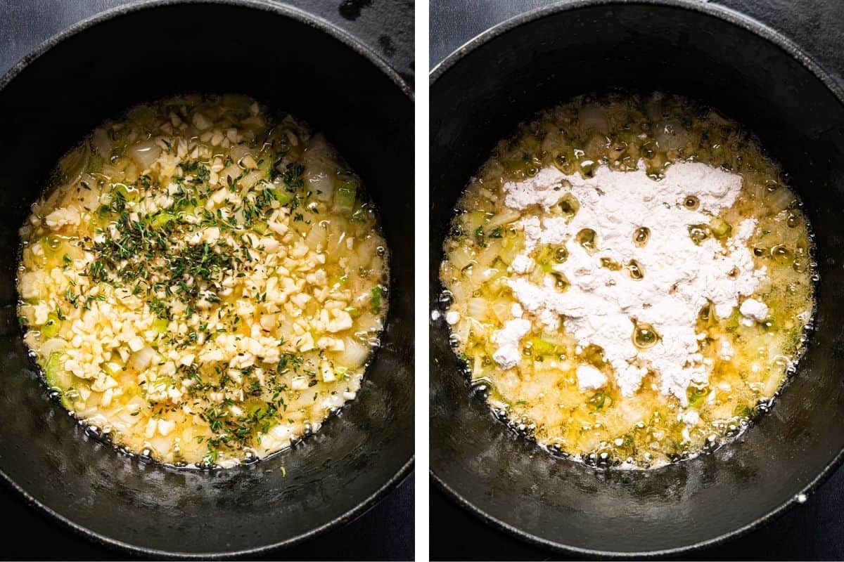 How to Make Potato Bacon Soup (Step-by-Step Photos) Side-by-side images of a black pan. Left: Chopped onions, garlic, and herbs sauté in butter. Right: The same mixture with white flour sprinkled on top, ready to be mixed.