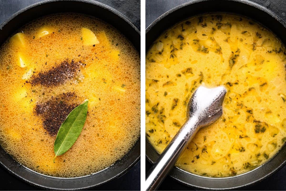 How to Make Potato Bacon Soup (Step-by-Step Photos) Two photos of soup in black bowls: the left shows broth with potatoes, black pepper, and a bay leaf; the right shows a blended, creamy yellow soup with herbs and an immersion blender.