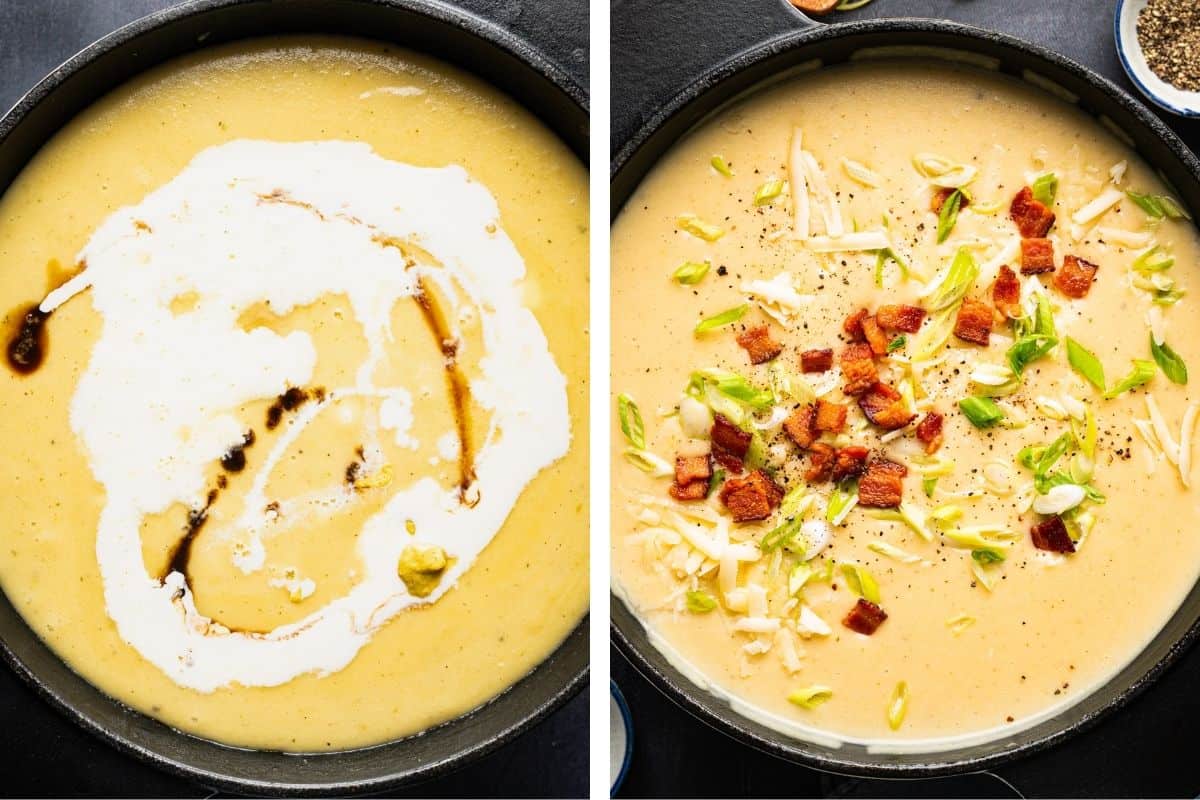 How to Make Potato Bacon Soup (Step-by-Step Photos) Side-by-side images: Left, creamy soup in a pot with cream, mustard, and sauce on top. Right, the same soup garnished with bacon, shredded cheese, and sliced green onions.