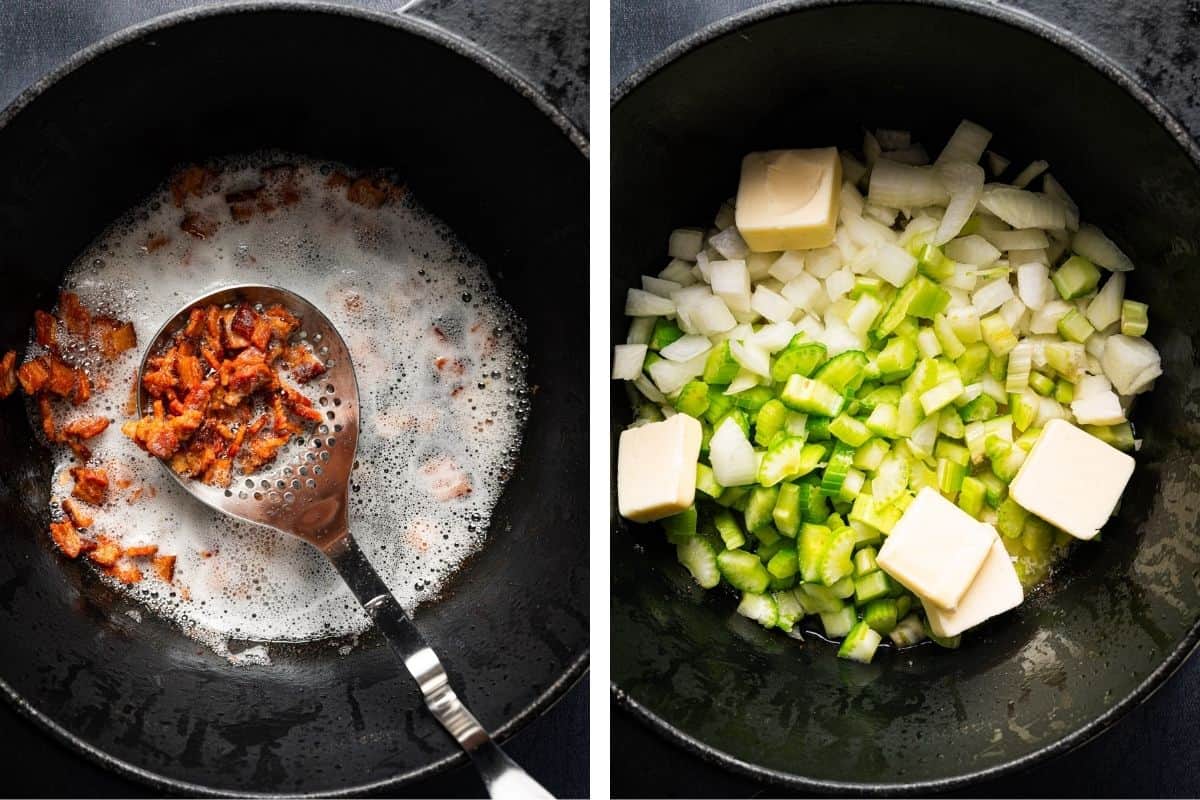 How to Make Potato Bacon Soup (Step-by-Step Photos) Left: A slotted spoon removes crispy bacon from a bubbly pan. Right: Chopped onions and celery with butter melt in a black pot.