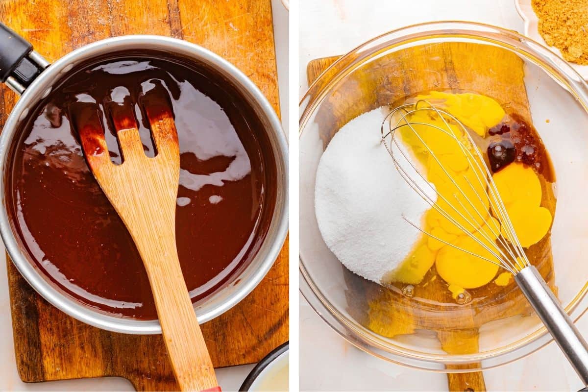 How to Make Pumpkin Brownies (Step-by-Step Photos) Left: A saucepan with melted chocolate being stirred by a wooden spoon. Right: A glass bowl with eggs, sugar, and vanilla being whisked together.