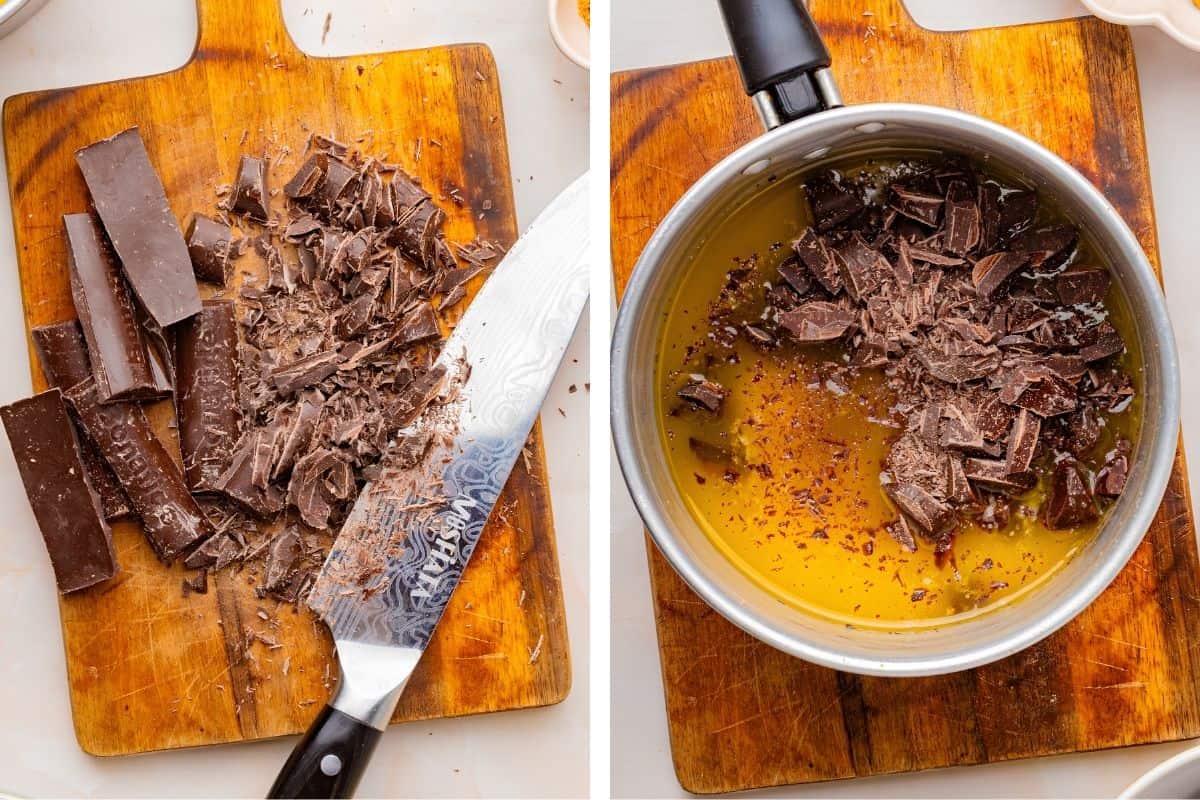 How to Make Pumpkin Brownies (Step-by-Step Photos) On the left, chopped chocolate on a cutting board. On the right, the chopped chocolate is in a saucepan with melted butter, ready to be mixed.