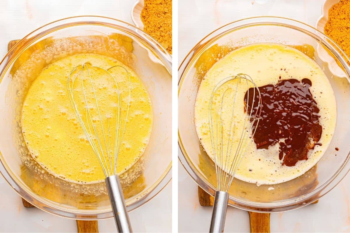 How to Make Pumpkin Brownies (Step-by-Step Photos) Side-by-side images of a mixing bowl with a whisk. Left: yellow batter. Right: same batter with melted chocolate poured in, ready to be mixed.