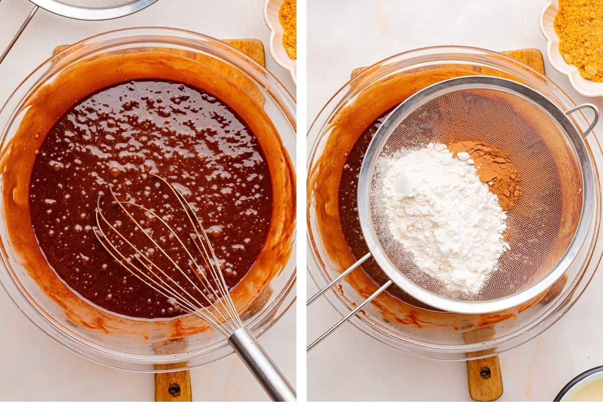 How to Make Pumpkin Brownies (Step-by-Step Photos) Two side-by-side images: a bowl of chocolate batter with a whisk on the left, and on the right, flour and cocoa powder being sifted into the batter.