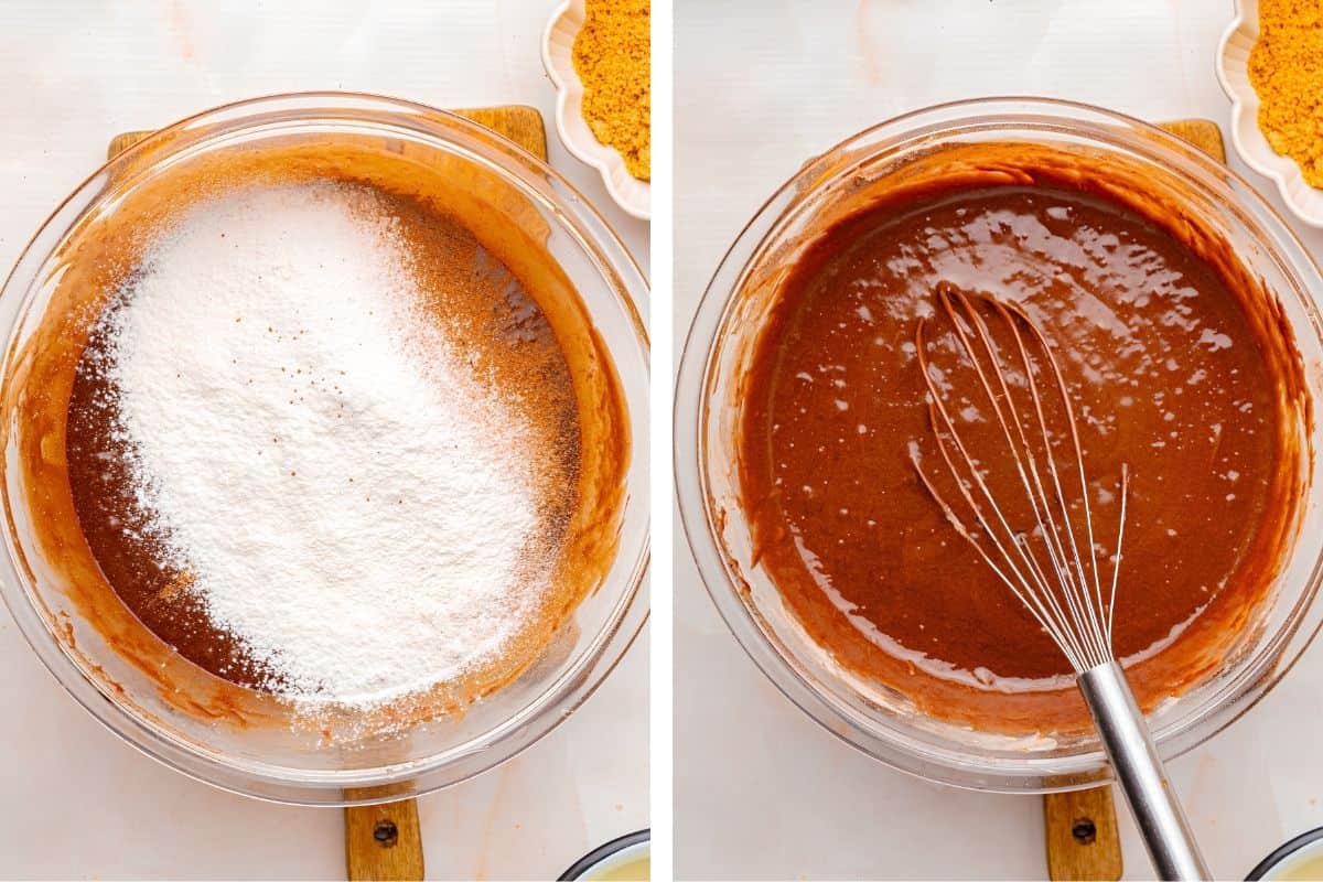 How to Make Pumpkin Brownies (Step-by-Step Photos) Two images side by side: left shows flour added to a bowl of chocolate batter, right shows the batter fully mixed with a whisk resting in the bowl.