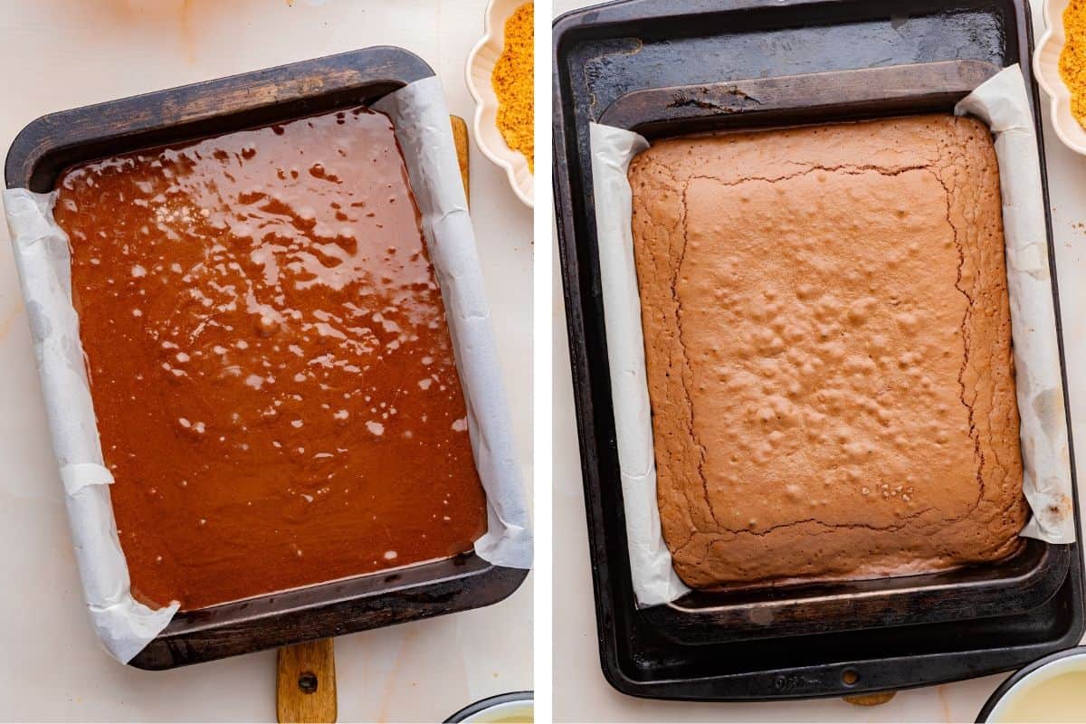 How to Make Pumpkin Brownies (Step-by-Step Photos) Side-by-side images show a brownie mixture in a lined baking pan before baking on the left, and the same pan with the baked, risen brownies on the right.